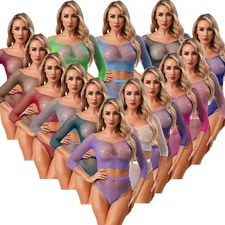 Women See Through Fishnet 2-piece Lingerie Crop Top & High Waist Briefs Babydoll