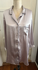 Halston Satin Night Sleep Shirt L Taupe- Black Piping Embroidered Monogram