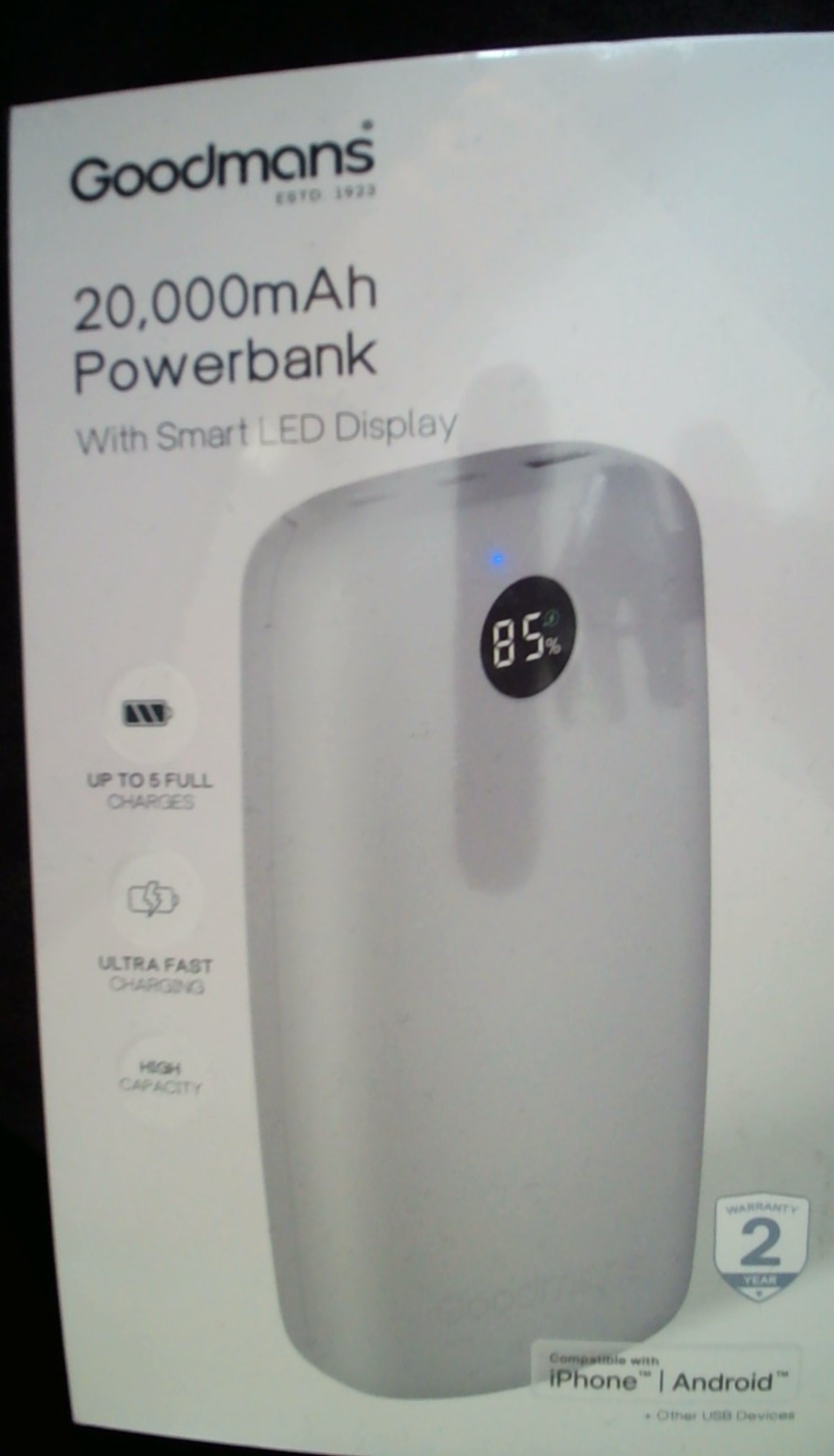Goodmans 20,000mAh Power Bank. Grey. Ultra Fast Charging. LED display.Fast Post