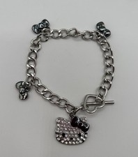 Sanrio Hello Kitty Silver Tone Crystal Face Charm Bracelet with Bows 7.5