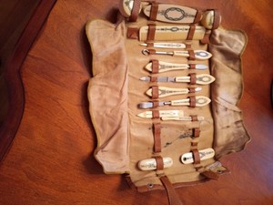 Vintage Celluoid Manicure set 14 pieces etched in black & gold  in leather case