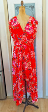 Eliza J High Low Bright Floral Maxi Dress Asymmetrical V Neck Chiffon Flow SZ 16