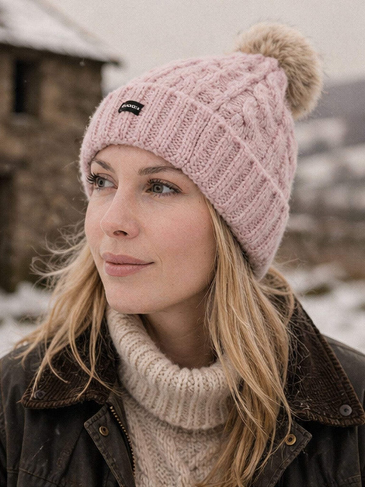 Craggi Ladies Bobble Hat Pink Knitted Pom, Womens Beanie Ski Hat