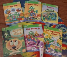 Lot LeapFrog TAG Reading System Stylus Pen purple 6 Books Leap Frog 21104 WORKS