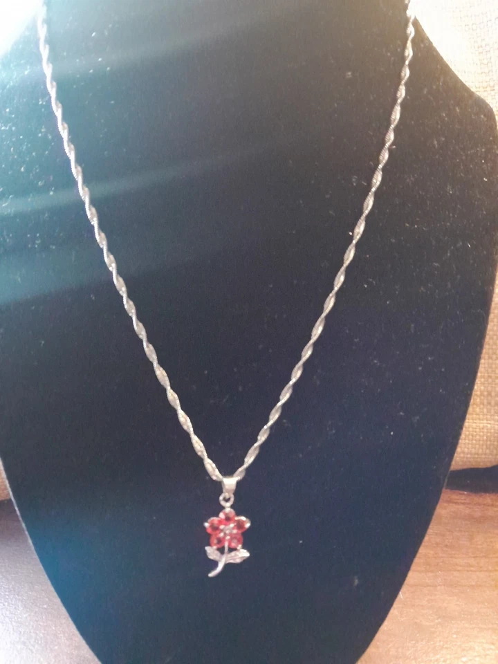 Dainty Little Silver Tone And Red Rose Pendant On A Silver Tone Chain Necklace - Image 2 of 4