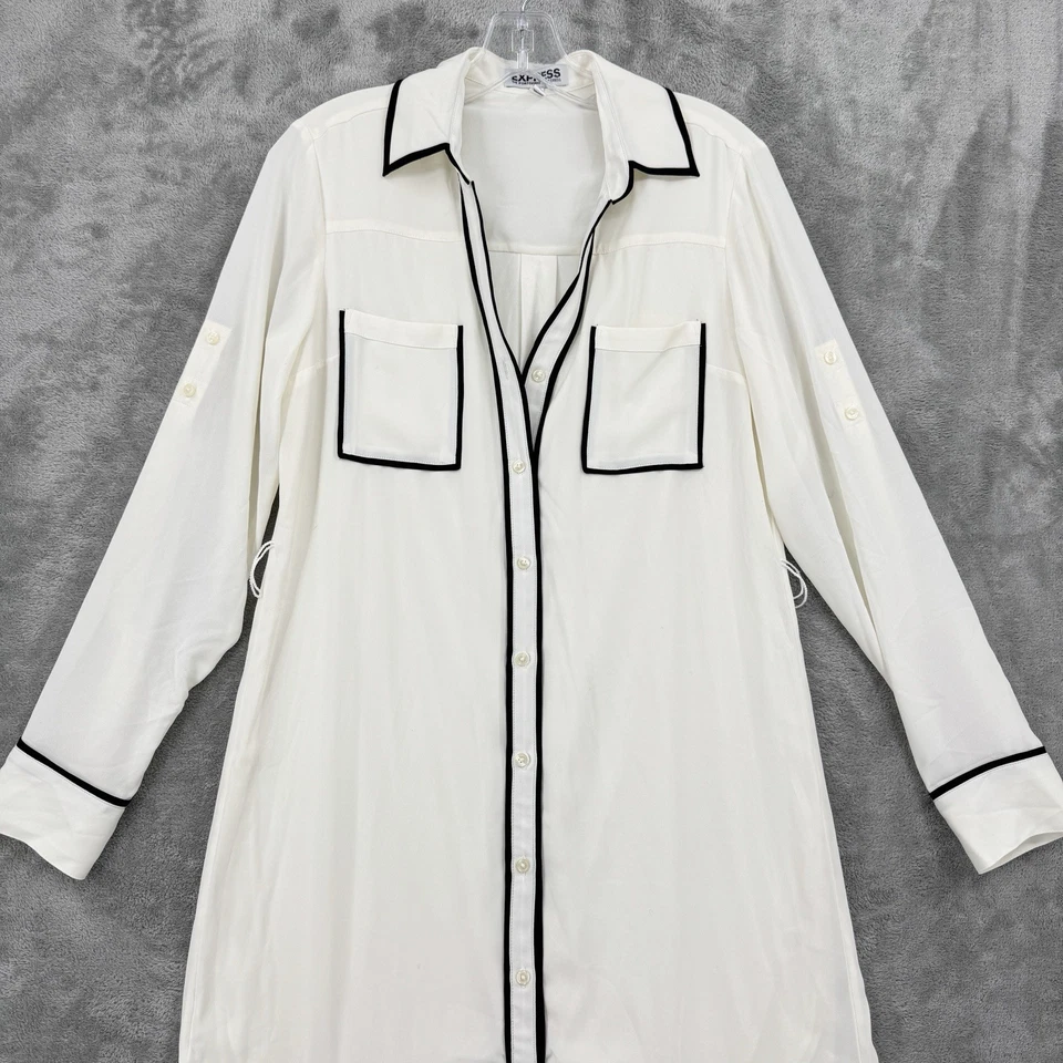 Vestido Camisa Express Mujer Pequeño Bloque de Color Bolsillos con Botones Carrera Pestaña Enrollable Marfil Foto 3 de 4