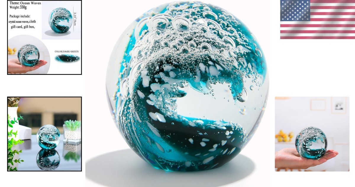 Qianwei Hand Blown Ocean Waves Crystal Ball - Glass Collectible