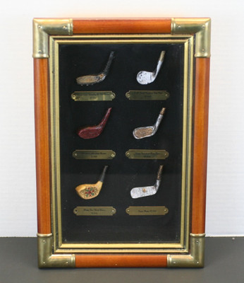 VTG Golf History Shadow Box Wooden Frame Glass Front 6 Miniature Golf Club Heads