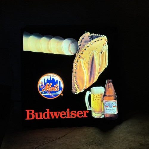 VTG Budweiser NY Mets Baseball Lighted Bar Sign Display Man Cave Decor 18x18