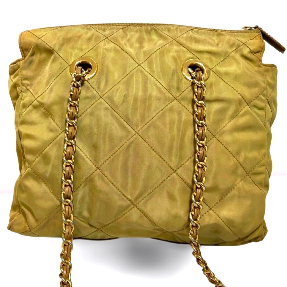 PRADA Quilted Nylon Chain Shoulder Bag Khaki Gold Beige USED from Japan #SA thumbnail 3
