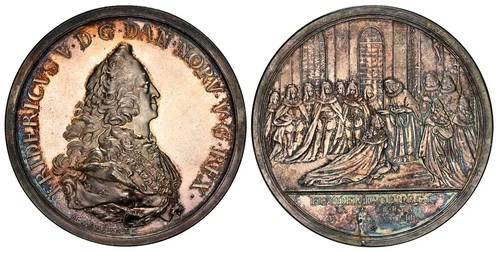 DENMARK. Frederik V. 1747 AR Coronation Medal. NGC MS64. Galster 432.