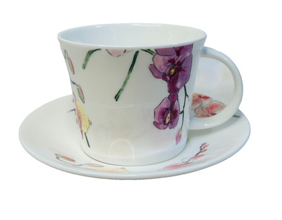 Roy Kirkham Orchid Breakfast Cup & Saucer Fine Bone China England Vintage RARE