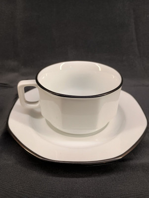 Vintage Kahla Germany Porcelain Tea Cup And Saucer White With Black Edge Octagon