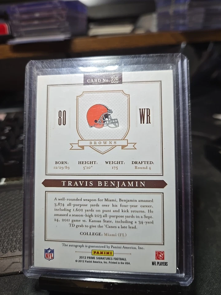 2012 Panini Prime Signatures - Rookie Signature Travis Benjamin 226 /199 AU, RC - Image 2 of 2