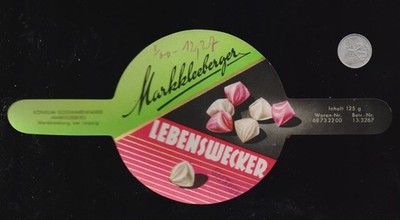 Etikett (wie neu) für Bonbonschachtel ''Markkleeberger Lebenswecker'' 1955 KONSUM