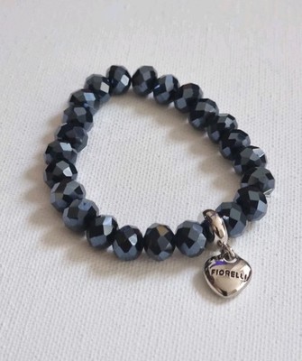 Fiorelli Stretch Bracelet Black Faceted Crystal Quartz Beads Silver Heart Charm 