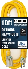 10 Ft - 10 Gauge Heavy Duty Extension Cord - Lighted SJTW - Indoor/Outdoor Exten