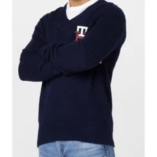 NWT TOMMY HILFIGER 100% Wool Shetland Navy V-Neck Pullower Sweater Sz M