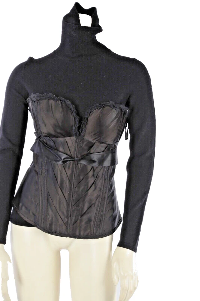 Conjunto de corsé de satén de 2 piezas suéter cuello alto lana merino negro vintage talla M Foto 2 de 4