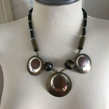 Vintage Chunky Brass Silver Disc Necklace Wood Beads Boho Hippie