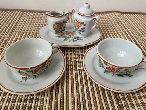 Tea Set of 7 Pieces  Dollhouse Miniature Colorful Flowers China Ware Japan Made