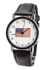 AMERICAN FLAG ON THE DIAL ROUND CASE LEATHER BAND ANALOG QUARTZ WATCH