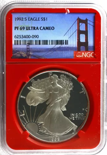 1992 S $1 American Silver Eagle 1oz NGC PF 69 Ultra Cameo - Red Core