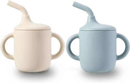 2x Silicone Baby Training Cups with Straw & Handles, Toddler, White Blue