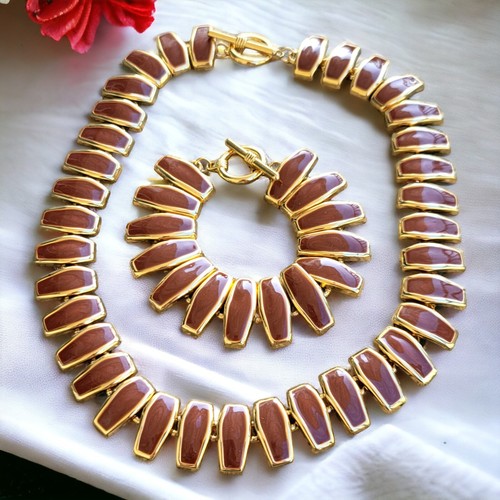 Vintage 80er Jahre Halskette Armband Set Emaille goldfarben elegant klassisch