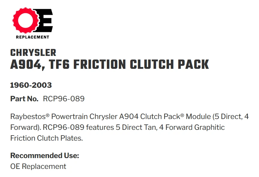 Paquete de embrague de fricción Raybestos RCP96-089 A904, TF6 apto para Chrysler 1960-2003 Foto 3 de 3