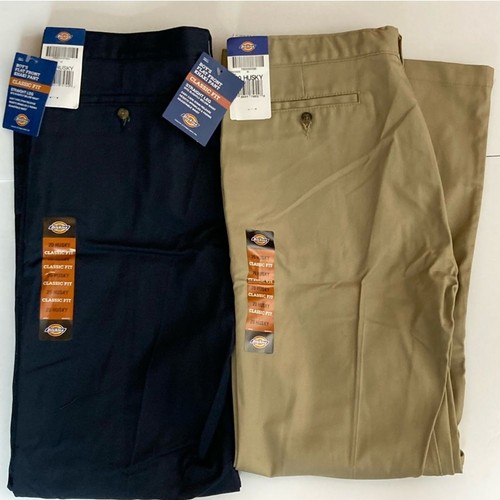 Dickies Boys Flat Front Dress Pants Size 20 Husky Lot Navy Khaki Adjustable NEW