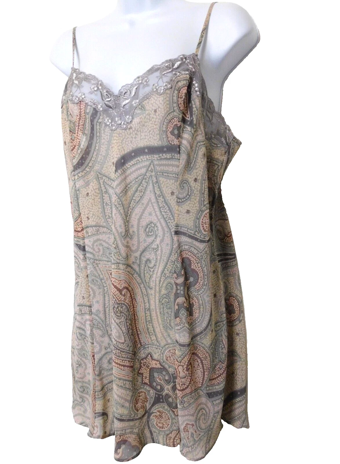 UNDERCOVER Camicia da notte Victorias Secret Chemise L pizzo chiffon abito slip paisley ruggine oliva