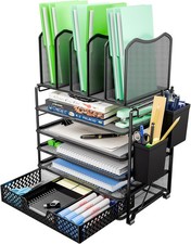 5 Tier Mesh Desk File Organizer Paper Letter Tray File Holder W/ Sliding Drawer