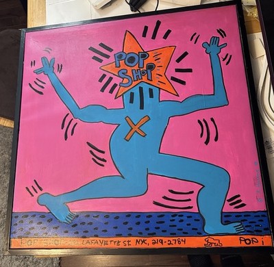 After Keith Haring Painting  - Framed Canvas Signed In Style Of His Pop Art