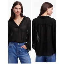 Madewell Black Sheer Dot-Texture V-Neck Long Sleeve Blouse Size Medium NWT