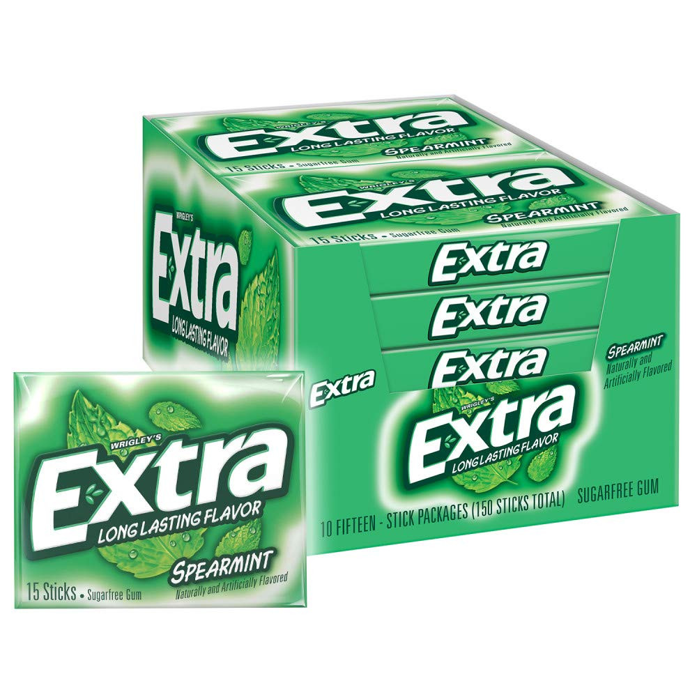 EXTRA Spearmint Sugar Free Chewing Gum 15 Count Pack of 10 Sticks