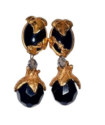 Vtg Kate Hines Statement Runway Dangle Clip Earrings Brush Gold Leaves 1980 s