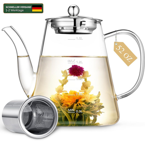 Teekanne Glas 1500Ml Mit Siebeinsatz Borosilikat Handgefertigt FüR Losen Tee-image