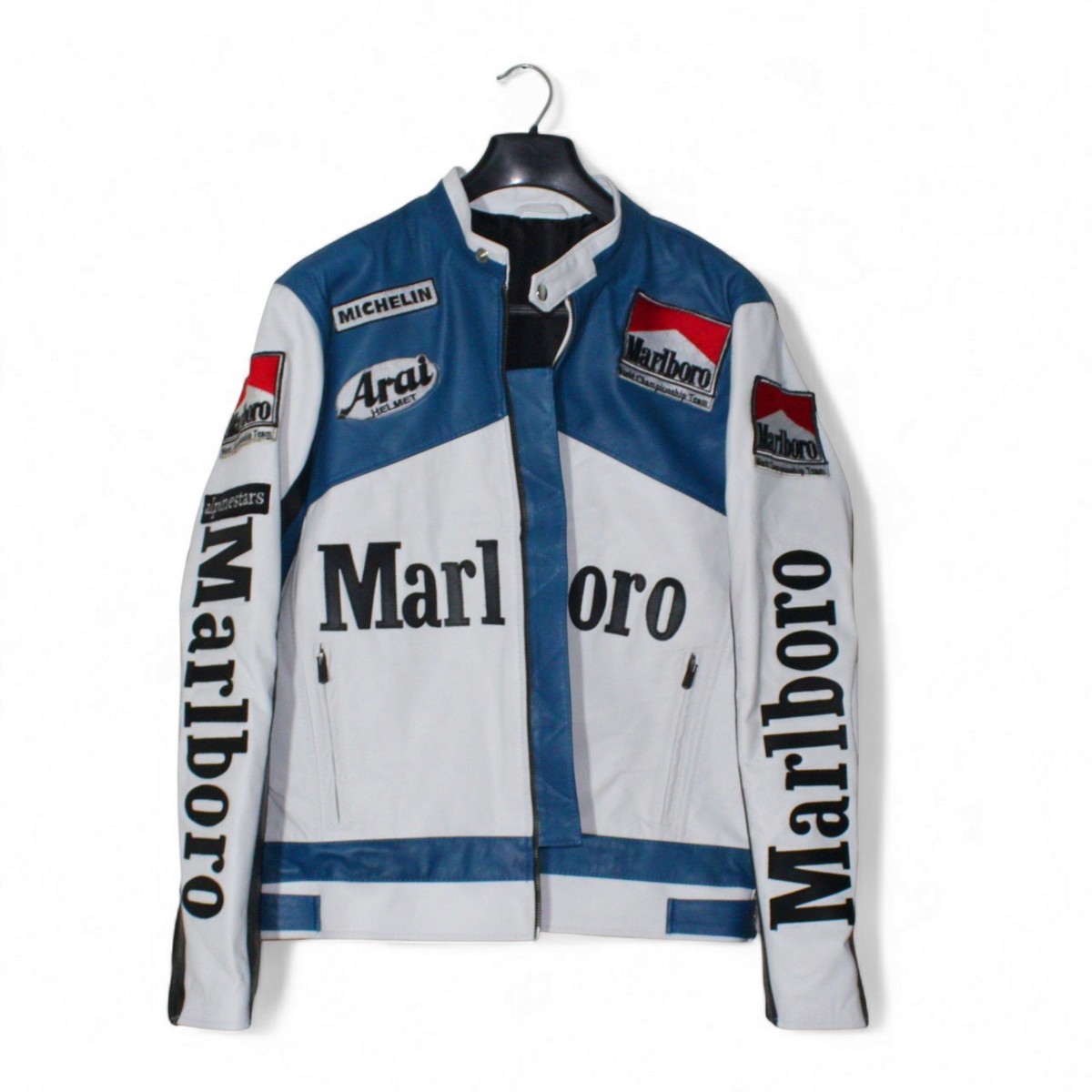 Vintage Marlboro Leather Motorcycle Racing Jacket Blue White New