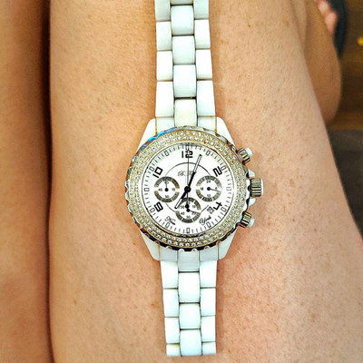 Women's White Analog Ceramic Bracelet Watch Chronograph Date Crystal Bezel