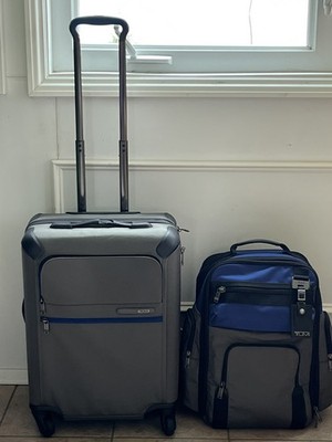 TUMI Alpha 2 Carry On Spinner + Backpack Travel Set Gray Blue READ
