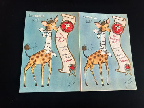 2 VTG "Tonsils Out Club" Get Well Cards w/Pinback Buttons Giraffe Used