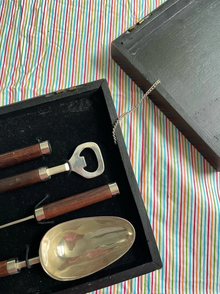 Juego de manillar de madera de acero inoxidable MCM vajilla de colección 4 utensilios caja mixología Foto 4 de 4