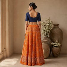 Sanskriti New Orange Pure Georgette Unstitched Lehenga Hand Embroidered Zardozi