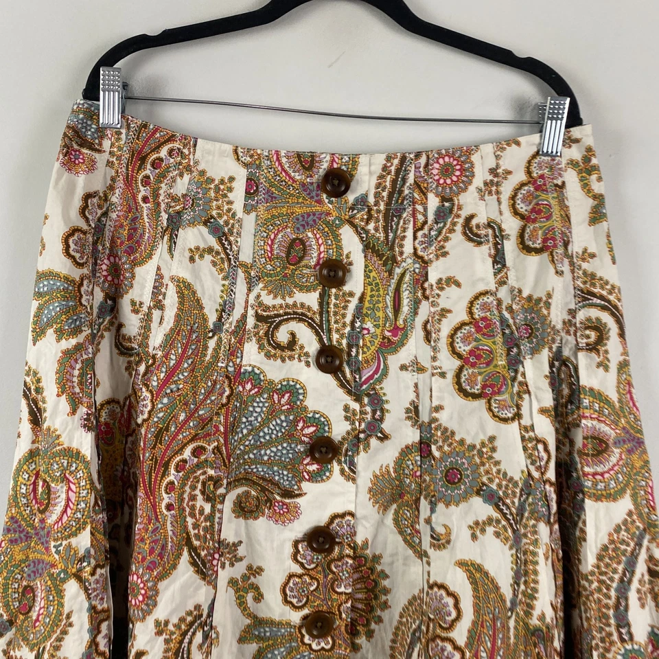 CAbi Cotton Retro Boho Paisley Fit & Flare Skirt Size 14 Pleat Faux Button-Front - Image 2 of 4