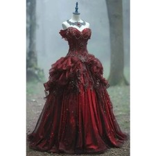 Vintage Gothic Burgundy And Black Prom Dress Off Shoulder Lace Appliques Beading