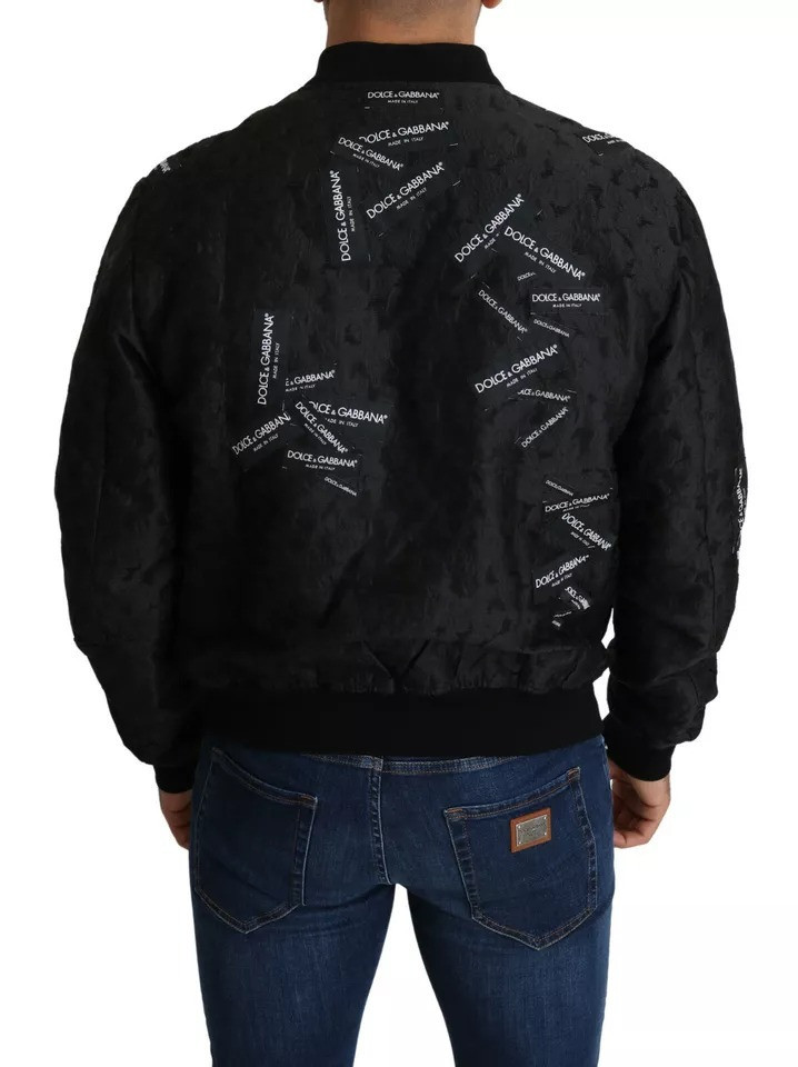 Dolce & Gabbana Black Logo Patch Brocade Bomber Full Zip Dolce & Gabbana Black Logo Patch Brocade Bomber Full Zip