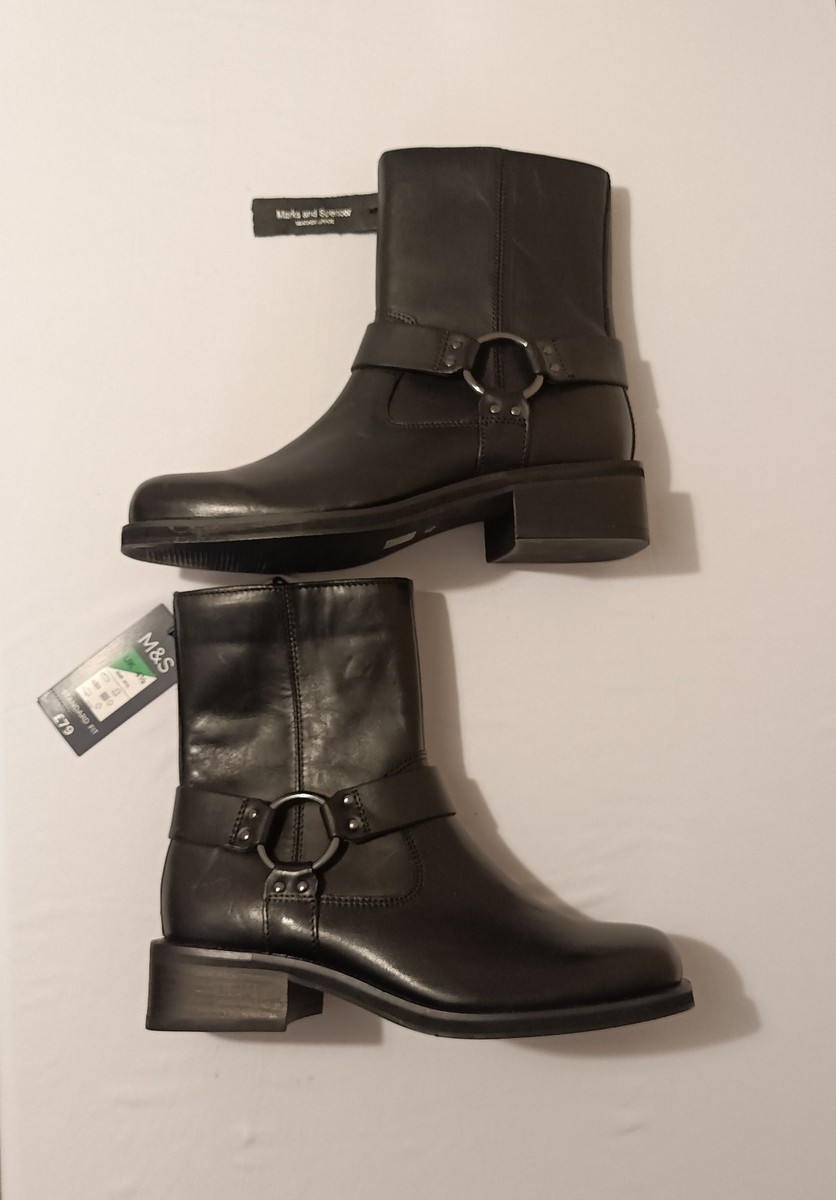 Marks Spencer New Ladies Black Leather Biker Style Ankle Boots