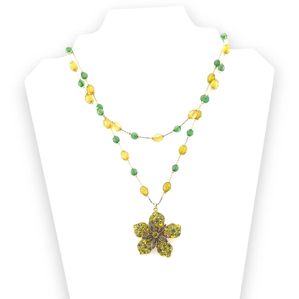 Collar Liz Claiborne Doble Hilo Flor Cuentas Estrás Verde LC Foto 3 de 4