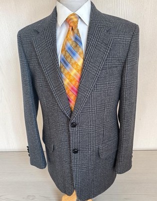 Savile Row Jacket Sz 40R Blue Houndstooth Plaid Wool Flannel Blazer Sport Coat